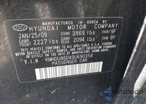 2009 Hyundai Elantra Gls from USA, damaged, VIN KMHDU46D49U690358
